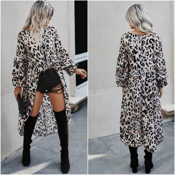 Leopard Print High Low Puff Sleeve Tunic Top - Picture 2 of 2